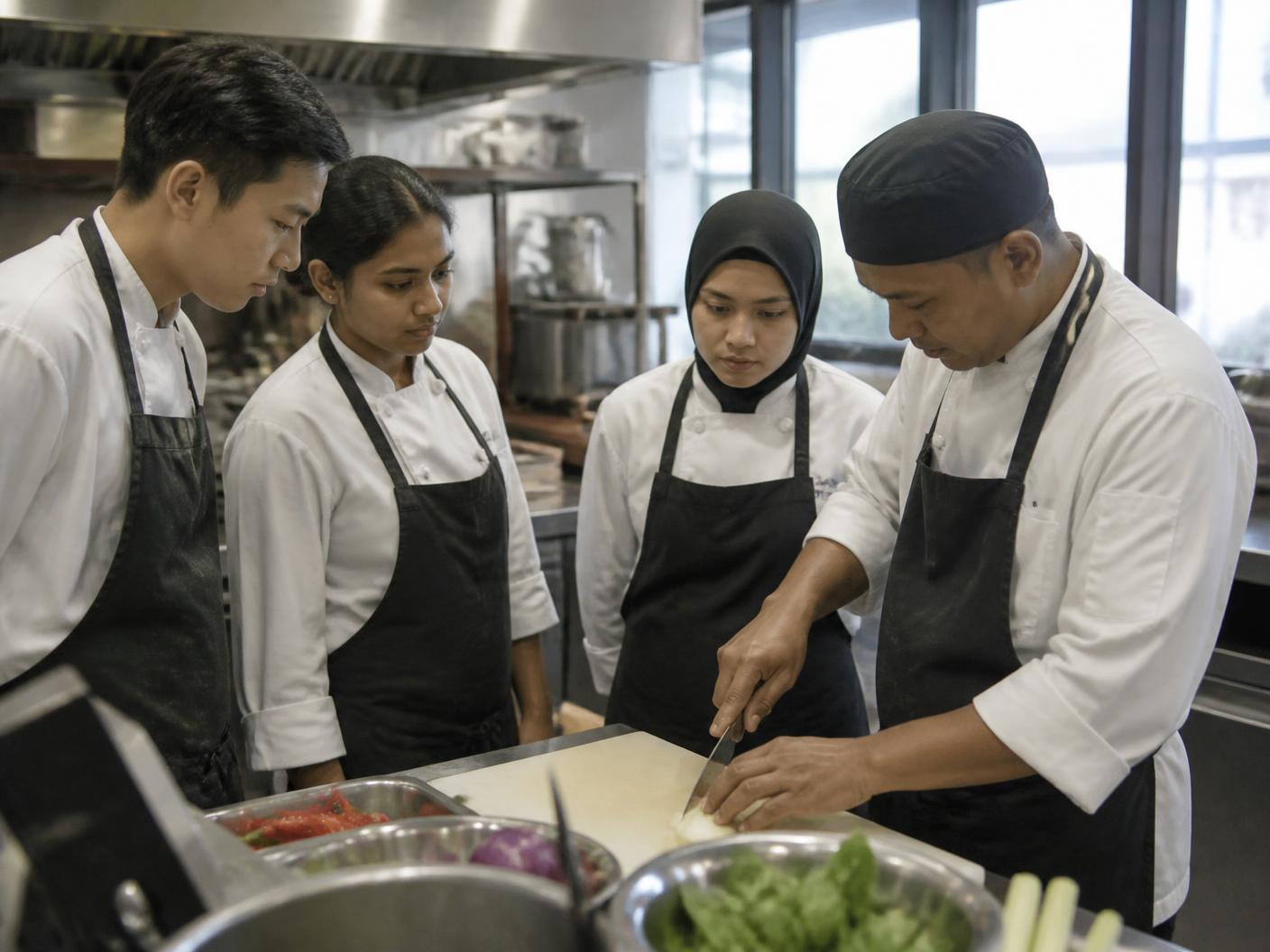 A mentor guides a trainee in a bright kitchen