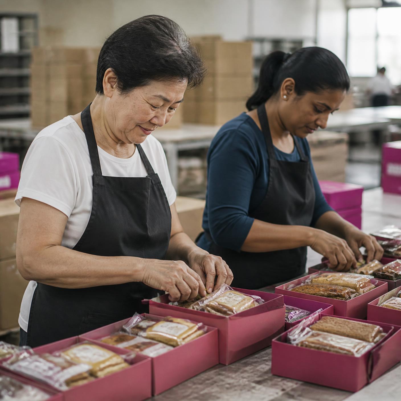 A senior and a younger colleague packing gift boxes together